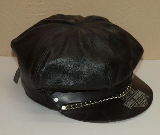 Pre - Owned Vintage Black Leather Harley Davidson Chain Brando Cap Captain Hat