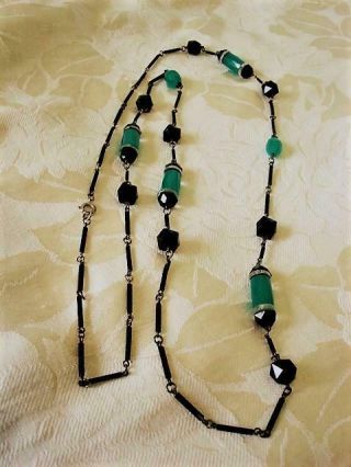 Long Vintage Necklace Black Clear And Chrysoprase Green Art Deco Beads 42 In.