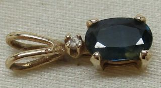Vintage Solid 14k Yellow Gold Oval - Cut Blue Sapphire & Diamond Pendant - L@@k