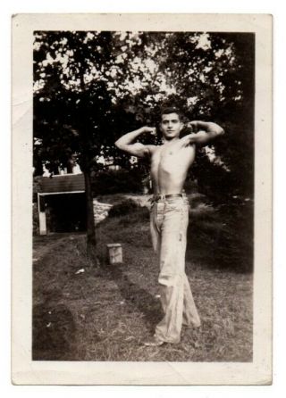 Good Looking Shirtless Man Flex Flexing Muscles Strong Vintage Snapshot Photo