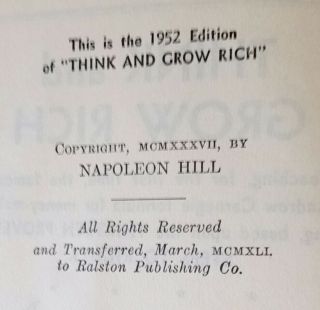 THINK AND GROW RICH by Napoleon Hill - 1952 Edition - HC,  no DJ - Good 3