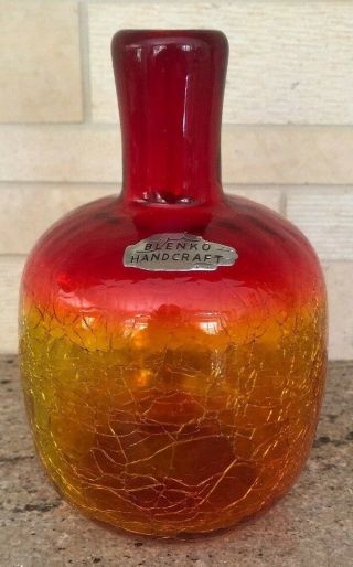 Vintage Blenko Amberina Crackle Glass Vase Foil Label Tangerine 6” Tall