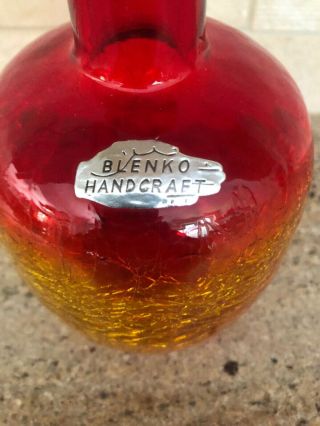 Vintage Blenko Amberina Crackle Glass Vase Foil Label Tangerine 6” Tall 2