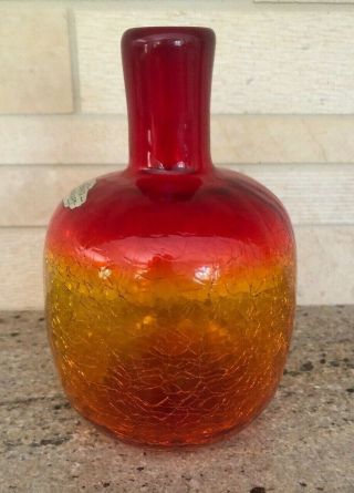 Vintage Blenko Amberina Crackle Glass Vase Foil Label Tangerine 6” Tall 3