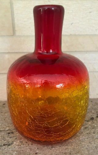 Vintage Blenko Amberina Crackle Glass Vase Foil Label Tangerine 6” Tall 4