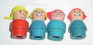 Vintage Fisher Price Little People Wood Boys Girls Mad Freckle Pigtail Pan Head 3