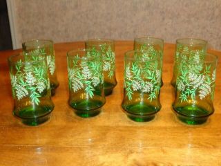 Vintage Green Tumblers W/flowers Set Of 8