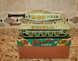 Vintage Japan Tin Litho M - 60 Electric Tank Battery Op W/ Box Near