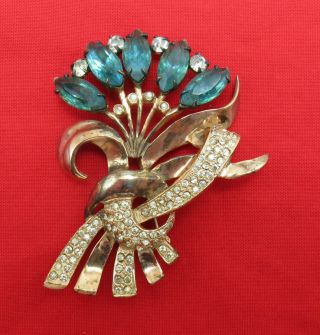 Sterling Silver Rhinestone Vintage Brooch Pin Crystal Aqua Flower Gold 935k