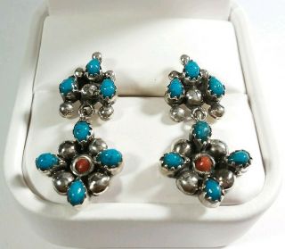 Navajo Signed J B Sterling Silver Vintage Style Turquoise Coral 1 5/16 " Earrings