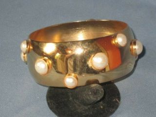 Vintage Gold - Tone Metal Faux Pearl Wide Bangle Bracelet 2
