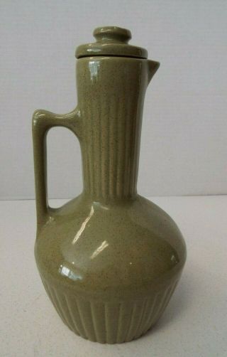 Vintage Green Monmouth Maple Leaf Stamped Pottery Pitcher Or Carafe With Lid Usa