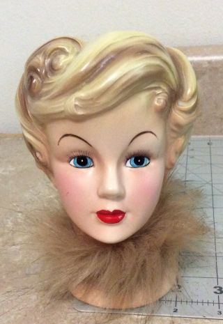 Vintage Lady Head Vase With Fur Collar