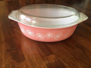 Vintage Pyrex Pink Daisy 045 Oval Casserole Dish 2 - 1/2 Quart With Lid