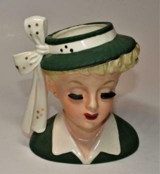 Vintage 1956 Napco Ceramic Japan Lady In Green Dress 5 1/2 " H Head Vase C - 2533b
