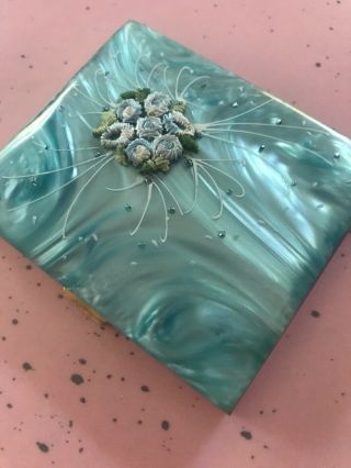 Vintage 1950’s Mother Of Pearl Blue Powder Compact Mirror Flower