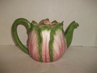 Vintage Majolica Pink Green Figural Sculptural Ceramic Flower Teapot Italy