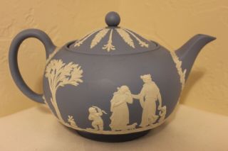 Vintage Blue & White Jasperware Wedgwood Teapot,  England,  Large,  5 "