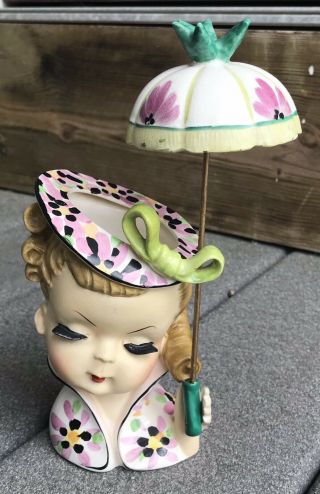 Vintage Head Vase Lady With Umbrella Bright Colors Hat Parasol