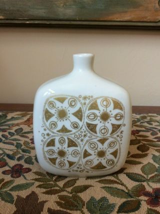Vintage Porsgrund Norway Vase Mid Century Modern Gold White Geometric Ceramic