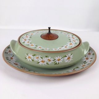 Vintage Taylor Smith Taylor Lazy Daisy Oval Covered Casserole With Platter Green
