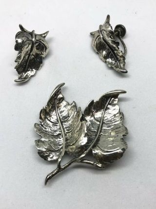Vintage Signed Di Vera Sterling Large Leaf Pin/brooch And Danecraft Earrings