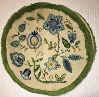 Vntg Needlepoint Embroidery Round Throw Pillow Green Blue Fringe Floral Finished
