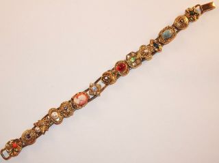Vintage Victorian Revival Slide Charm Links Floral Faux Pearl Cameo Bracelet