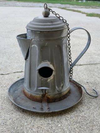 Vtg Rustic Coffee Pot Birdhouse Galvanized Metal Weathered Spoon Rest 12 " Tall