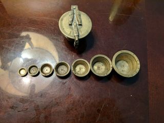 Vintage Brass Nesting Apothecary Scale Set Of 7 Weights & Brass Case