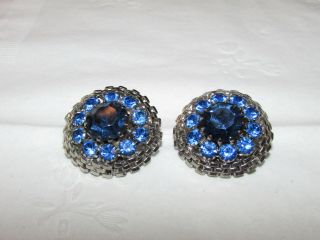 Vintage Signed Weiss Silvertone & Blue Rhinestone Clip Earrings