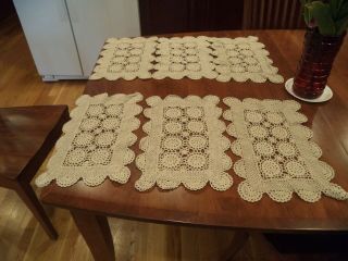 6 Crochet Lace Placemat Table Beige Cotton Vintage 16 " X 10 "