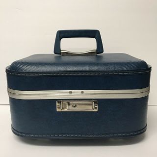 Vintage Blue Hard Shell Cosmetic Bag With Mirror
