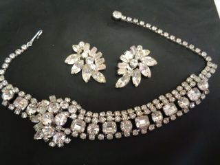 Vintage Signed Weiss Wide Clear Rhinestone Flower Choker Necklace & Earrings