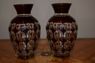 Set Of 2 Vintage Bohemian Ruby Red Cut To Clear Crystal Small Vases 5 " Tall