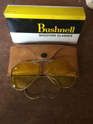 Vintage Bushnell Yellow Aviator Style Shooting Glasses W/ Leather Belt Case