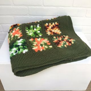 Vintage Hand Crocheted Granny Square Afghan Blanket Throw Orange Green Boho
