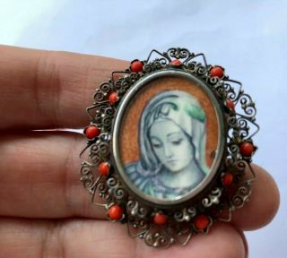 Vintage Hand Painted 800 Sterling Silver Portrait Filigree Brooch Pin Pendant