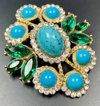 Signed Sarah Coventry Vintage Brooch Pin Large 2.  5” Green Marquise Rhinestones