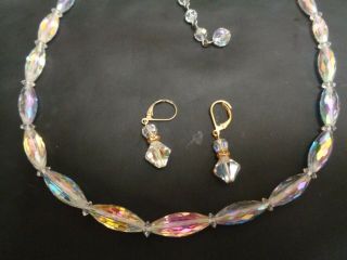Vintage Iridescent Watermelon Glass Faceted Cut Oval Beaded Necklace & Earrings