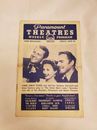 Vintage June 5 1942 Paramount Theatres Program Joel Mccrea
