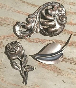 3 Vtg Estate Sterling Silver Jewelart Pin Brooch Rose,  Leaf,  Flower