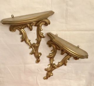 Pair Vintage Large Syroco Wood Shelf Wall Sconces Made In Usa Good Gilt Ornate