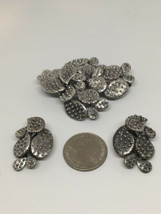 Vintage Tortolani Silver Tone Prickly Pear Cactus Plant Brooch And Earrings Set