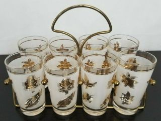 Vintage Libbby Gold Leaf Frosted Tumblers Glasses With Caddy Set Of 8