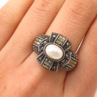 925 Sterling Silver Vintage Judith Jack Real Marcasite & Faux Pearl Ring Size 8