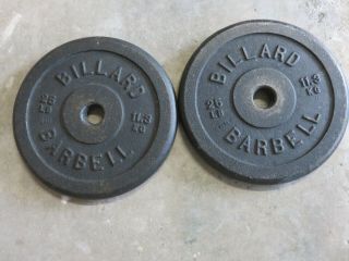 2 Vintage? Billard Barbell 25 Lb.  Cast Weight Plates 1 1/8 " Hole 50 Lbs.  Total