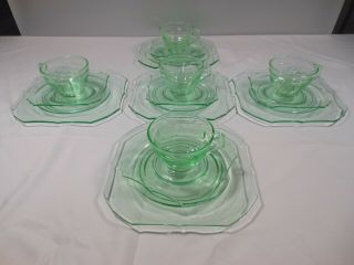 Vintage 15 Pc.  Green Depression Glass Luncheon Set 5 Plates,  Cups,  Saucers Vgc