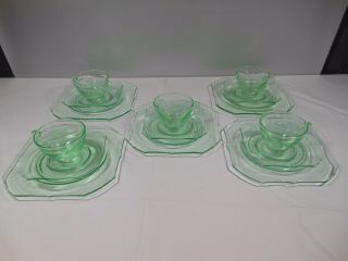 Vintage 15 Pc.  Green Depression Glass Luncheon Set 5 Plates,  Cups,  Saucers VGC 2