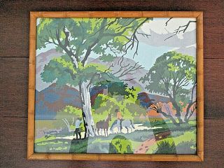 Vtg Paint By Number Painting Cowboys On Horse Mountains Bamboo Frame 1950 Retro